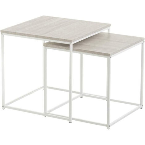 Set de 2 Tables Basses Gigognes Bois MDF Blanchi et Métal Blanc