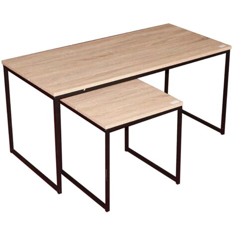 Set de 2 Tables Basses Gigognes en Bois et Métal Noir