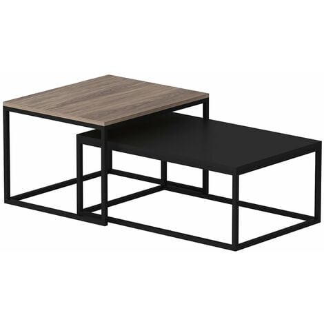 Set de 2 tables basses gigognes rectangulaires effet chêne / noir mat