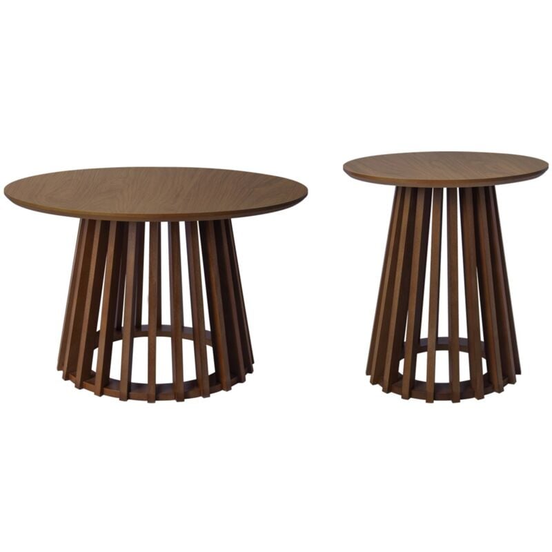 Set de 2 tables basses rondes plateau effet bois noyer et pieds en bois de sapin. Ø40cm et Ø60cm