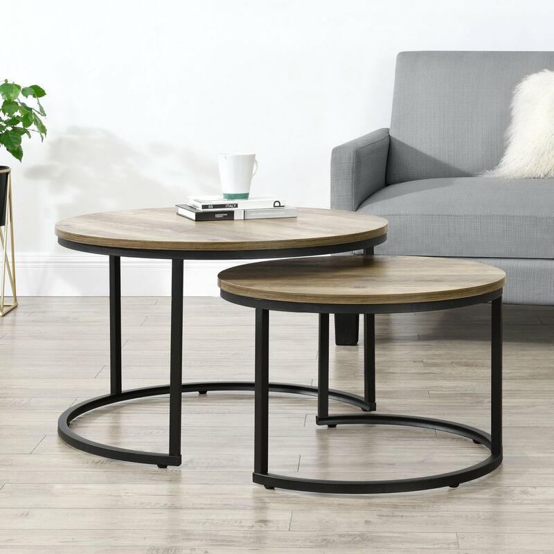 [en.casa] - Set de 2 tables basses Christchurch rondes gigognes effet bois foncé noir
