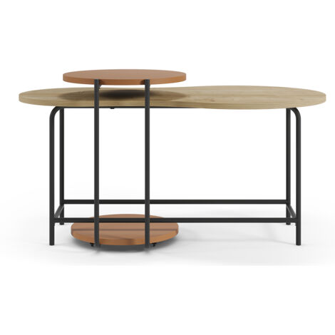 Set de 2 tables basses, tables de salon aspect bois coloris chêne, terracotta et métal coloris noir