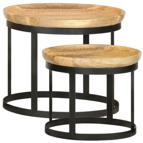 Set de 2 tables d'appoint manguier massif clair et pieds métal noir Kish