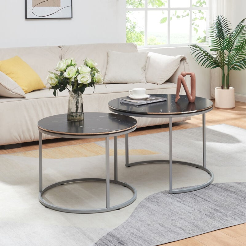Set de 2 tables d'appoint Skagen rondes gigognes marbre noir argent [en.casa]