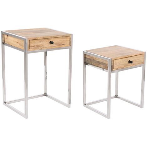 Set de 2 tables d'appoints en bois de manguier coloris naturel et métal argenté