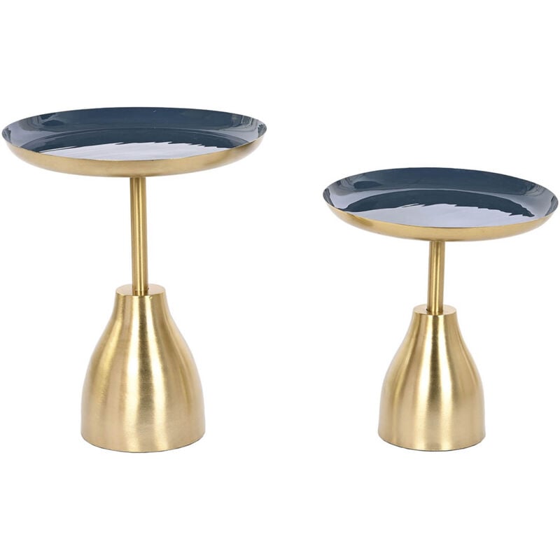 Set de 2 tables d'appoints rondes en fer coloris doré, bleu