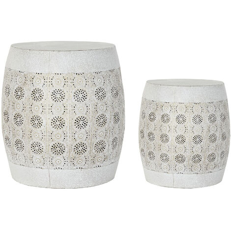 Set de 2 tables d'appoints rondes en métal vieilli coloris blanc / doré -PEGANE-