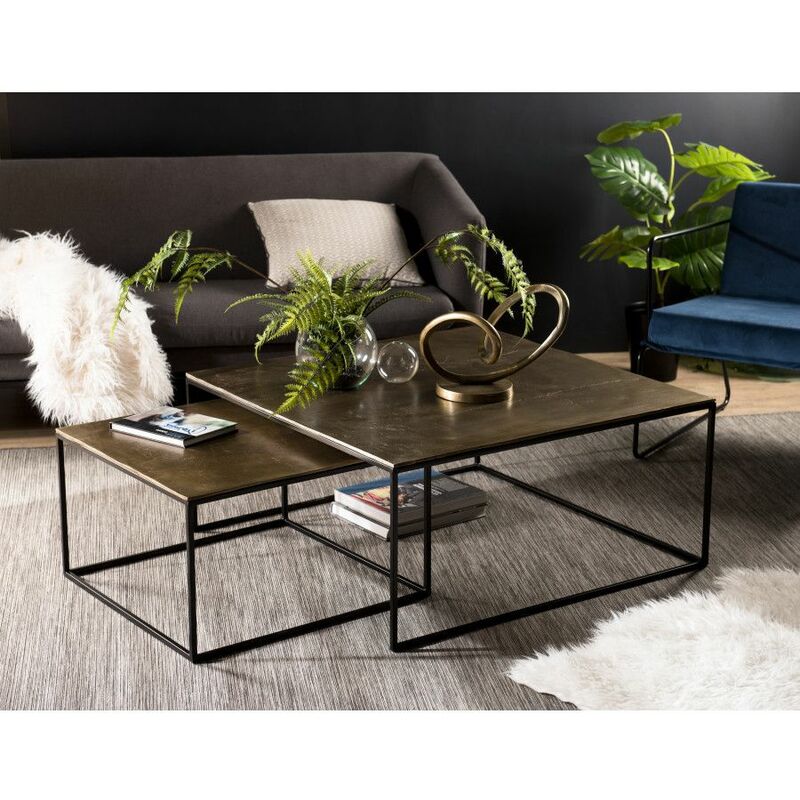 jonas - set de 2 tables gigognes carrées aluminium doré - pieds métal noir - doré