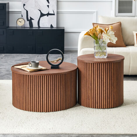 Set de 2 Tables Gigognes Design Colonne Romaine - Rangement Intégré - Structure MDF Noyer - pour Salon, Chambre, Bureau - Noyer