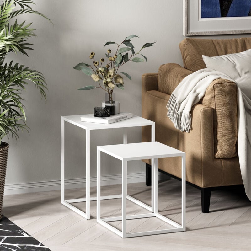 Set de 2 tables gigognes Vejen pour salon acier blanc mat [en.casa]