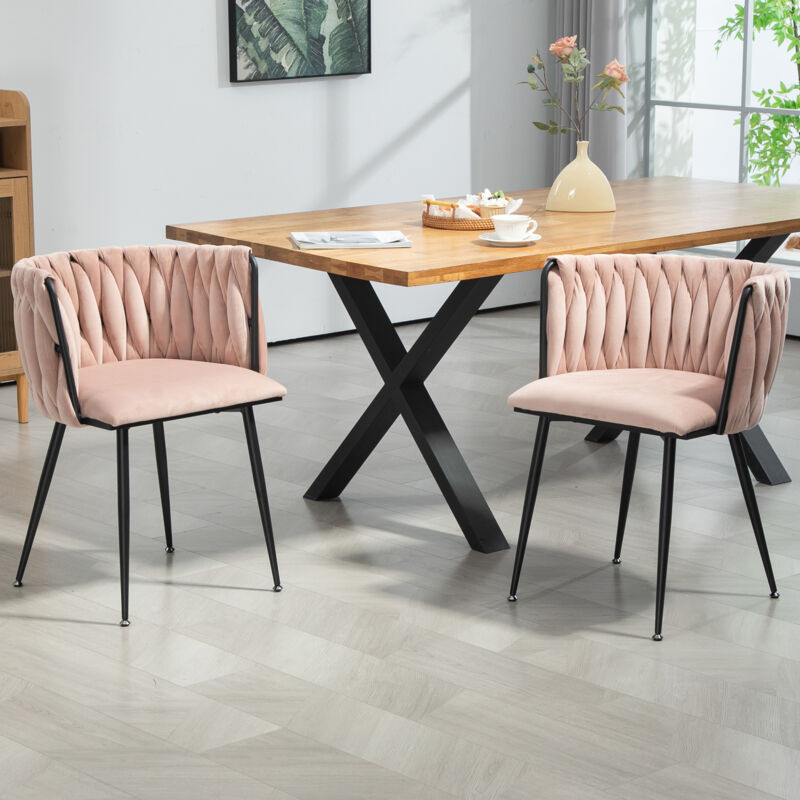 Lot de 2 chaise de salle à manger, fauteuil rembourré, design tissé, pieds en métal, velours, rose