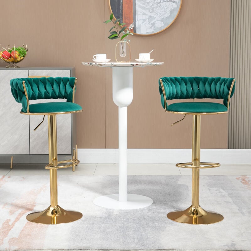 Set de 2 Tabourets de bar pivotantes à 360° et réglables en hauteur avec repose-pieds, velours, vert et or