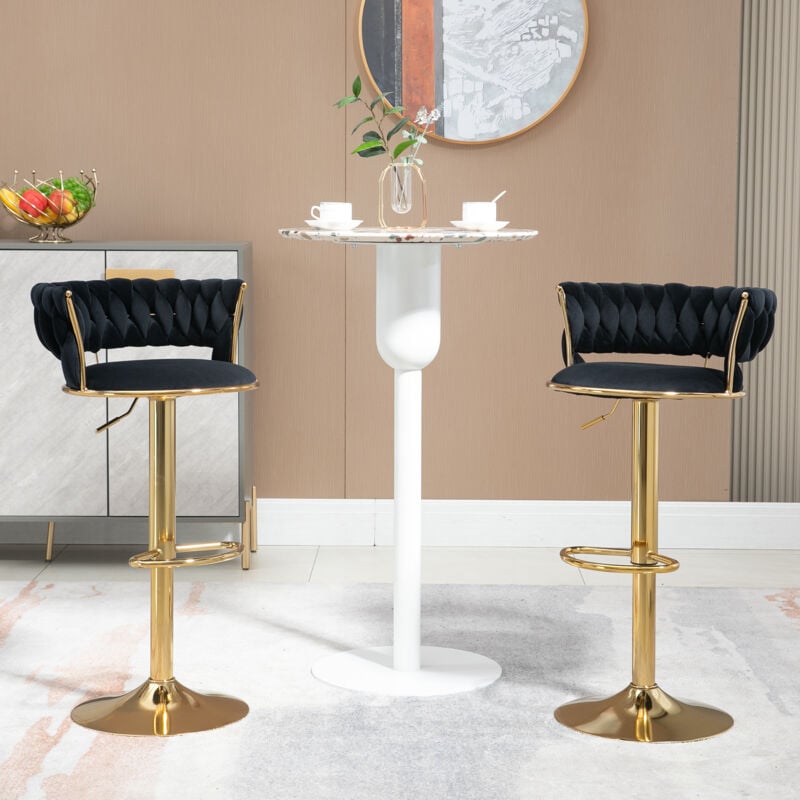 Hauss Spole - Set de 2 chaises, pivotantes à 360°, réglables en hauteur, Tabourets de bar, velours, noir + or