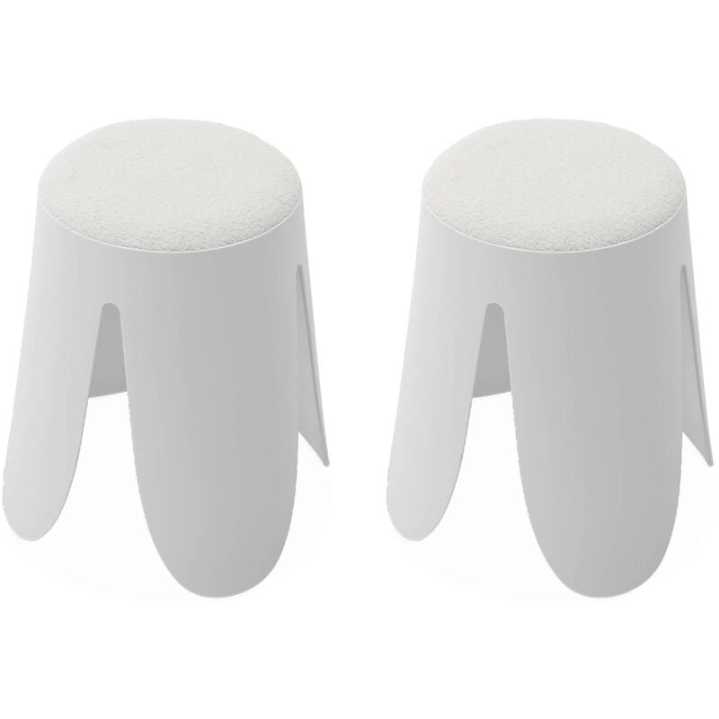 Set de 2 tabourets empilables blancs. bouclette texturée. NIKI. Ø30 / 44 x H46cm