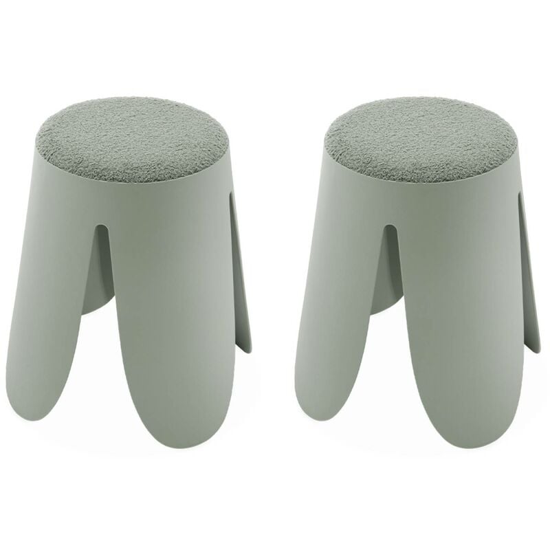 Set de 2 tabourets empilables vert céladon. bouclette texturée. NIKI. Ø30 / 44 x H46cm