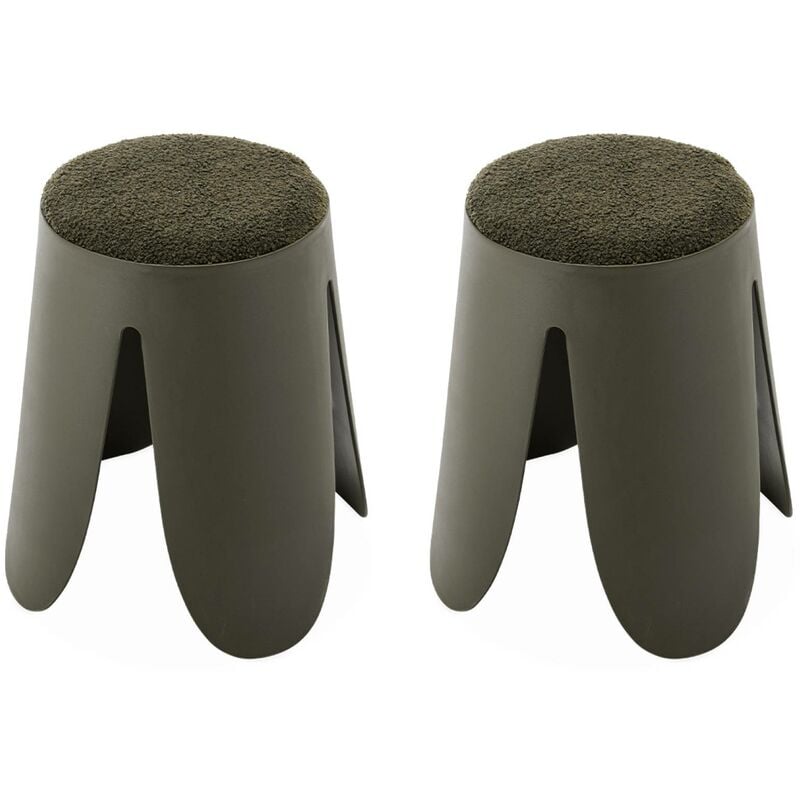 Set de 2 tabourets empilables vert foncé . bouclette texturée. niki. Ø30 / 44 x H46cm