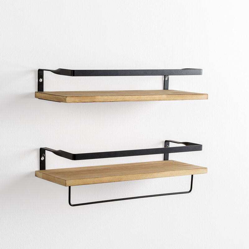 Vs Venta-stock - Set de 2 étagères murales Xavi avec porte-serviettes, bois de pin