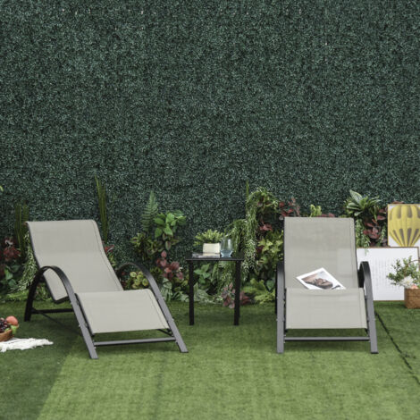 Set de 2 Tumbonas Jardín Exterior con Mesa Auxiliar de Vidrio Templado Tumbonas con Reposabrazos para Patio Terraza Gris