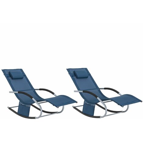 Set de 2 Tumbonas Mecedoras con Almohada y Bolsillo Lateral Estructura de Hierro Malla Transpirable Teslin Cómodo Soporta hasta 150 kg Color Azul Marino 63 x 150 x 83 cm OGS28-NBx2 SoBuy ES