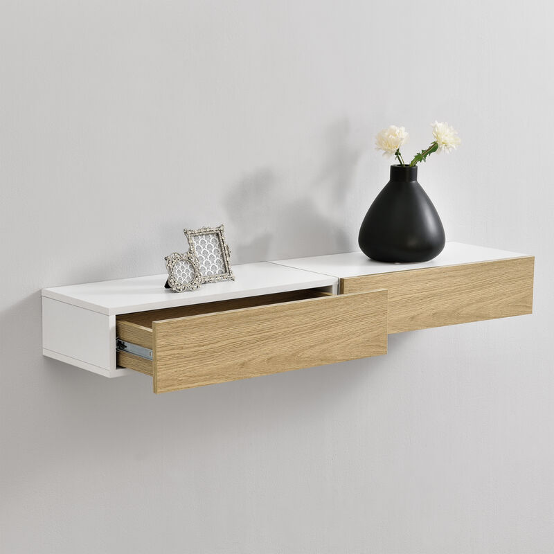 

Set de 2 x Estantes de pared con compartimento - 50 x 24 x 12 cm - Mesita de noche de pared con cajón - para Almacenar - Blanco y Apariencia de madera