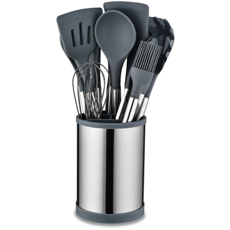 Set de 22 ustensiles de cuisine en silicone en acier inoxydable avec tambour de rangement rotatif gris