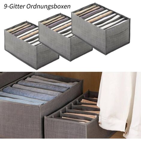Set de 3 9 Grille Tiroirs-Organiseur Pliable Placard, T-Shirt, Jeans, Leggings-Armoire 44x24x22cm de Rangement, Gris