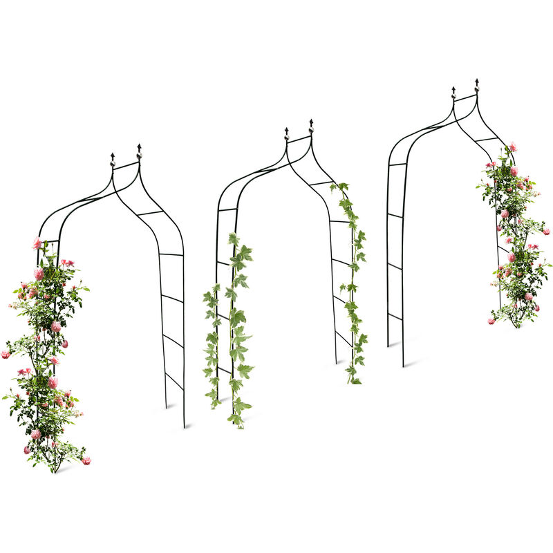 Relaxdays - Set de 3 arches à rosiers courbée avec pointe, métal 2,4 m, arceau de jardin, obélisque, tuteur plantes grimpantes, vert
