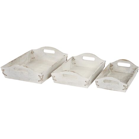Set de 3 Bandeja HHG-805, bandeja de servir bandeja de madera bandeja de desayuno bandeja decorativa, aspecto shabby vintage, blanco, shabby