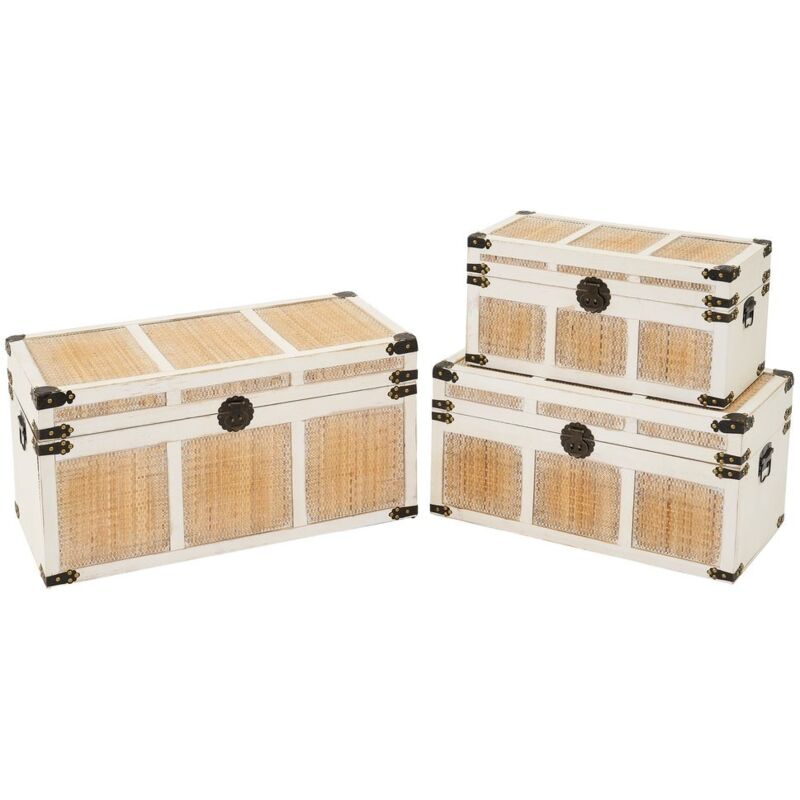 

Set de 3 baúles de viaje de madera de abeto blancos y beige
