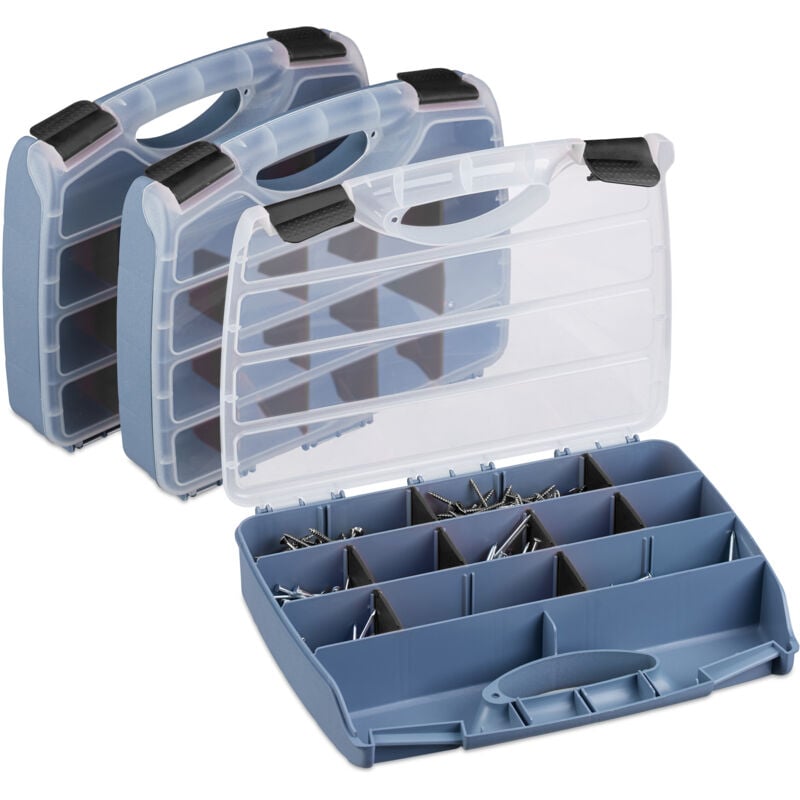 Relaxdays - Boîte de rangement pour vis, lot de 3, caisse pour boulons, 6x32x26 cm, compartiments ajustables, gris-noir