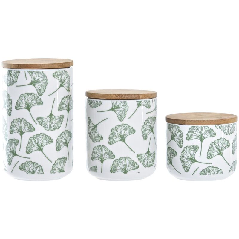 Set of 3 pots dkd home decor natural white green bamboo gres tropical 10 x 10 x 17 cm