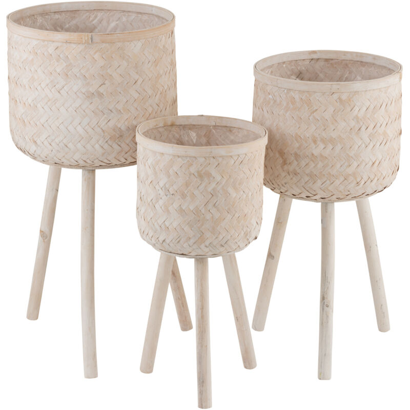 Jolipa - Set de 3 cache-pots sur pied en bois naturel 37x37x76 cm