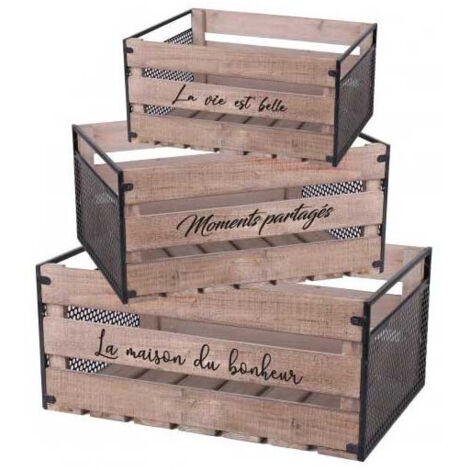 Set de 3 Caisses en Bois et Métal avec Messages