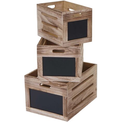 Set de 3 cajas de madera HHG-626, caja de almacenaje con tablero, aspecto desgastado, marrón natural