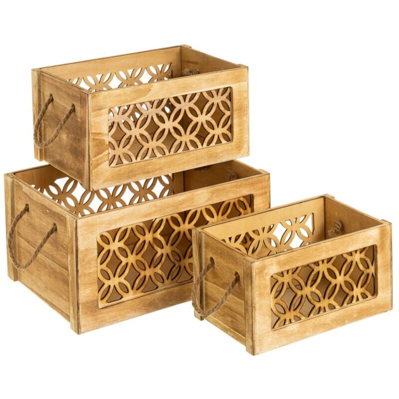 

Set de 3 cajas de paulonia talladas naturales exóticas, de 36x26x18 cm