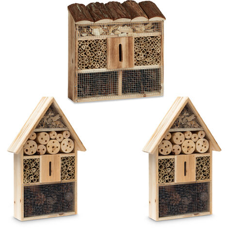 Set de 3 casas para insectos, Para colgar, De madera, Apoyo a la biodiversidad, Para el jardín, la terraza o el balcón