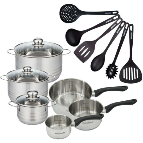 Set de 3 casseroles 12 16 20 cm en inox, 3 faitouts inox 16, 20 et 24 cm et 6 ustensiles RPET Fackelmann Geneva