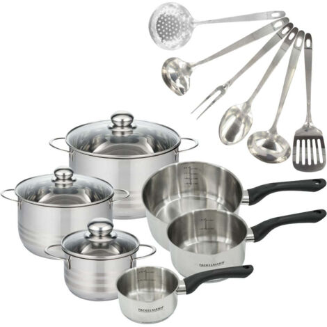 Set de 3 casseroles 12 16 20 cm en inox et 3 faitouts inox 16, 20 et 24 cm et 6 ustensiles Fackelmann Geneva