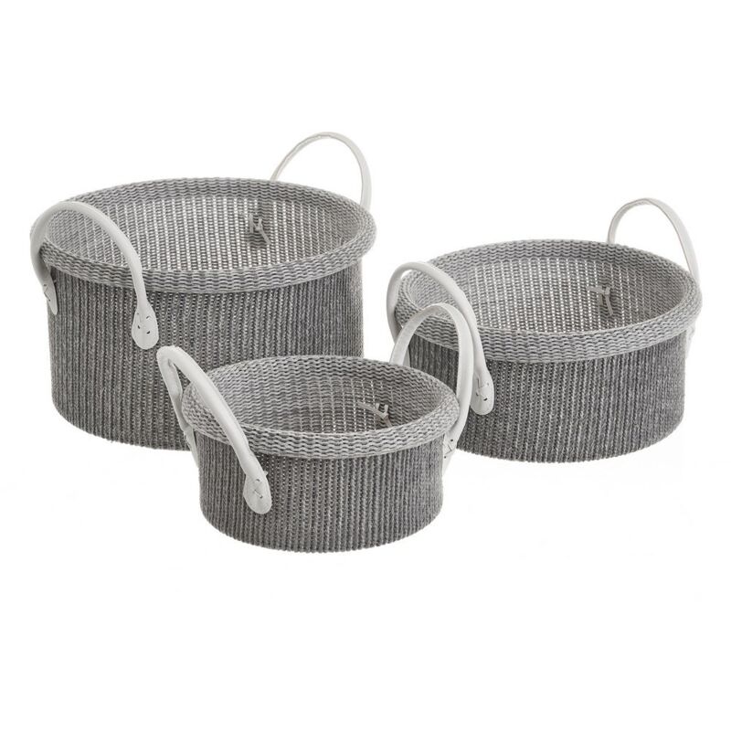 

Set de 3 cestas de lana gris de crochet trenzadas