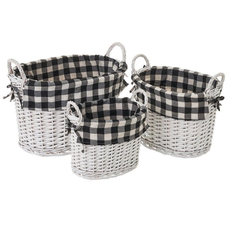 

Set de 3 cestas de mimbre y tela blanco y negro de cuadros vichy