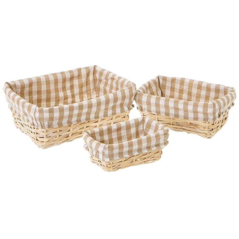 

Set de 3 cestas de mimbre y tela marrón y beige de cuadros vichy