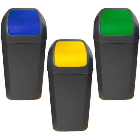 Set de 3 Cubos - Papeleras con tapa basculante de 15L/u color verde,azul y amarillo