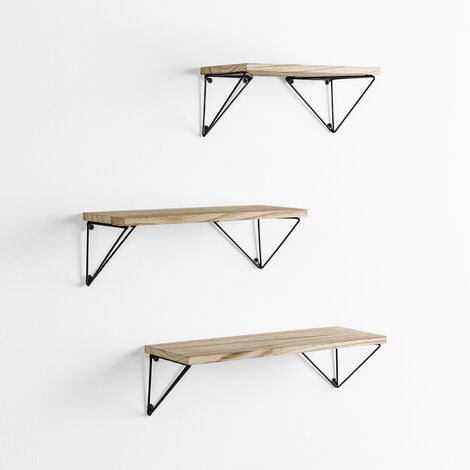 Set de 3 estantes de pared Amaro metal negro y madera de Paulownia - Madera