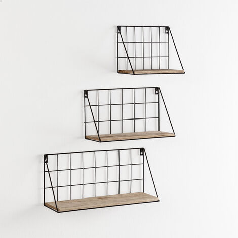 Set de 3 estantes de pared Amede metal negro y madera de Paulownia - Madera