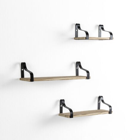 Set de 3 estantes de pared Bemol metal negro y madera de Paulownia - Madera