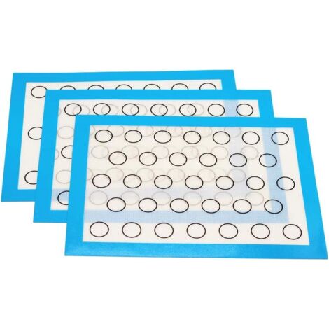 Set de 3 Feuille Pâtisserie Cuission Macarons Pétrissage Professionnel Silicone Alimentaire Antiadhésif Fibre de Verre pour Four Micro-Ondes, 40x30cm Bleu