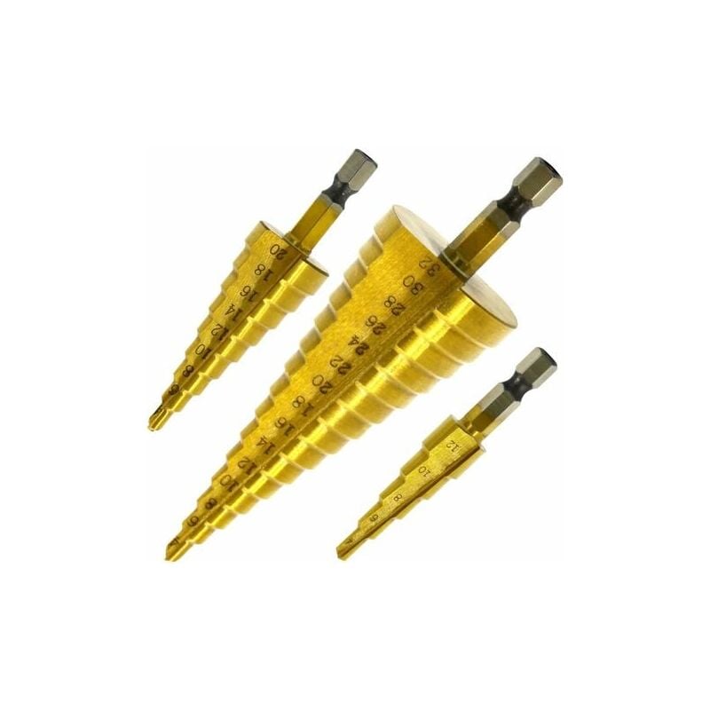 Fei Yu - Set de 3 Foret Fraise Meche Etage, hss Inox Metal, 4-12/20/32mm, Triangle Conique Titane, avec Tige Hexagone, Pour Visseuse Perçage sur