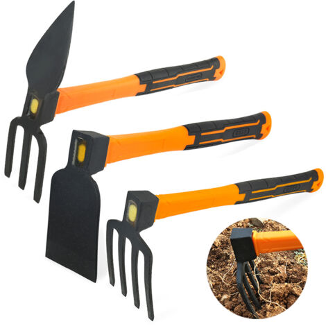 Set de 3 herramientas de jardín – Azada doble, rastrillo de 4 dientes y azada plana con mango antideslizante, ideales para labranza, arado y mantenimiento del terreno