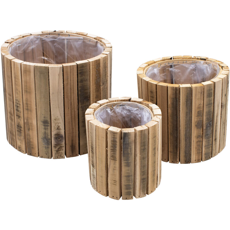 Spetebo - Set de 3 jardinières en bois - 23 / 20 / 14 cm - Cache-pot avec film plastique - Pot de fleurs Cache-pot pour herbes aromatiques