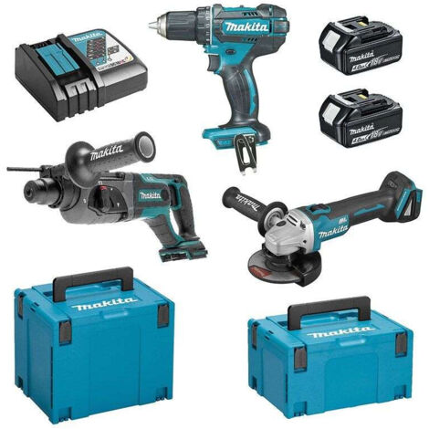 Set de 3 máquinas 18 V Li-Ion 4 Ah MAKITA Drill DDF482 + Amoladora DGA504 + Perfo DHR241 - 2 baterías, cargador, caja - DLX3078MJ